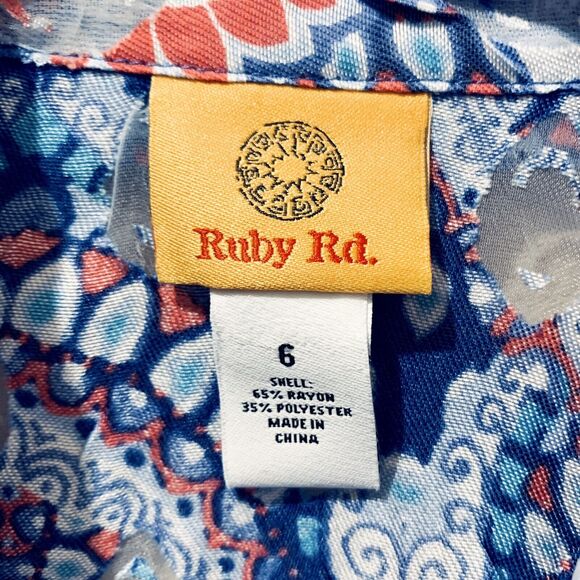 Ruby Rd. Women Button-Up Shirt Sz 6 Blue Multicolor Sheer Floral Collar Pockets - Picture 9 of 10